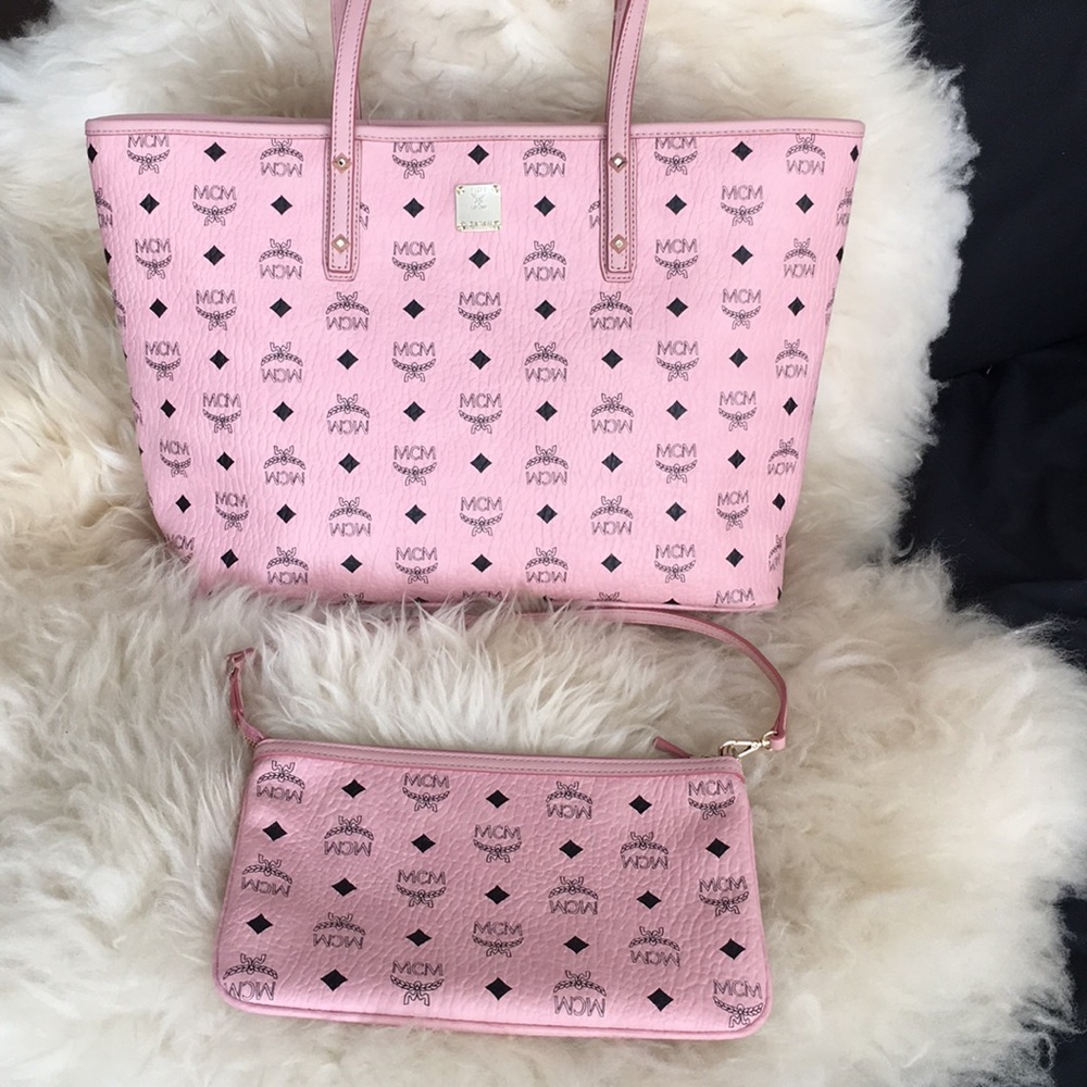 MCM Anya Top Zip Tote & Pouch Pink